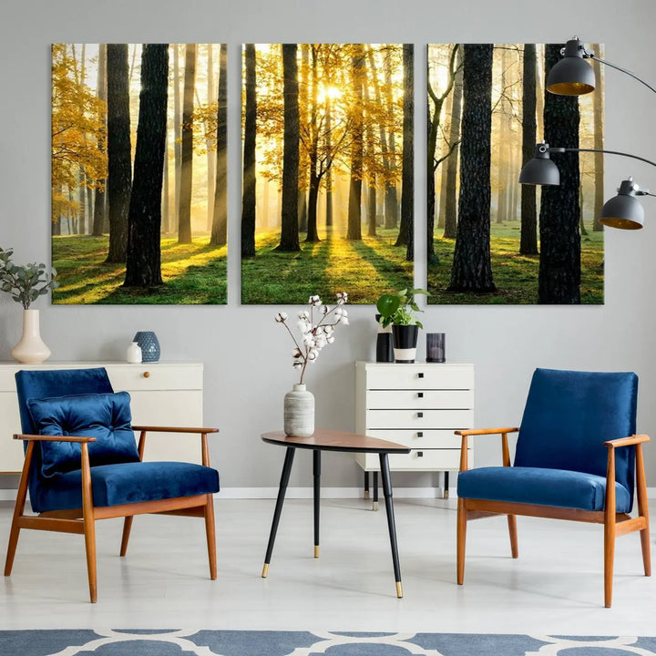 The living room is enhanced by the "Wall Art Landscape Canvas Print Tall Trees in Forest at Sunset" on museum-quality canvas. This triptych, complete with a UV-protective coating, is ready to hang and adds an artistic touch to the space.