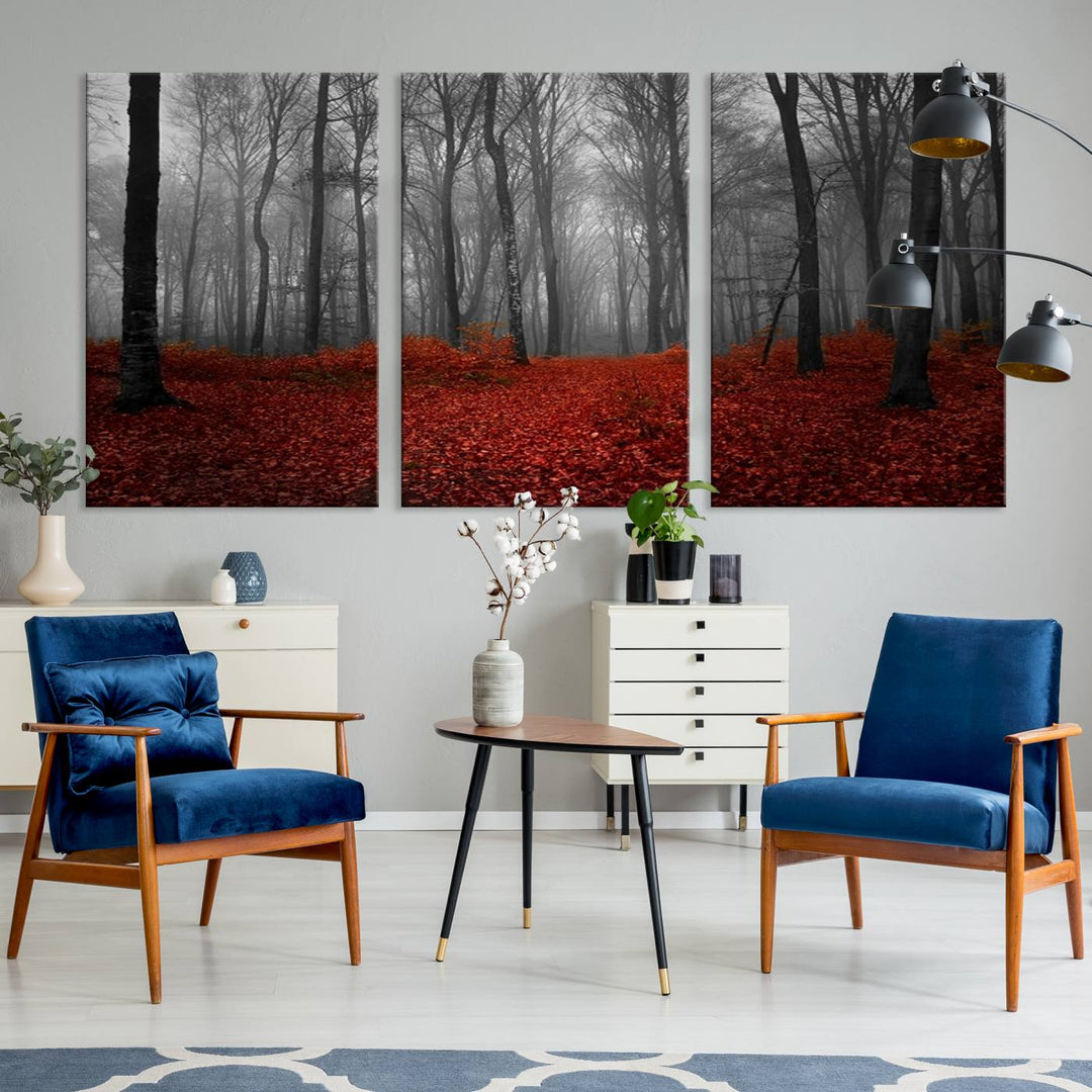 Impression sur toile de paysage d'art mural, forêt merveilleuse avec des feuilles rouges au sol