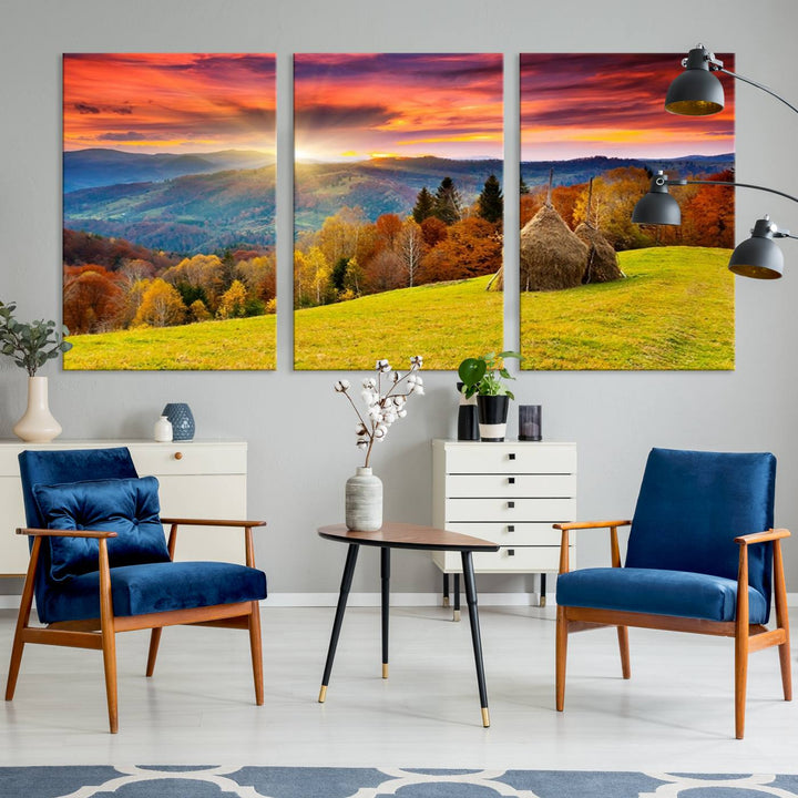 Impression sur toile de paysage d'art mural, tous les tons de vert au coucher du soleil