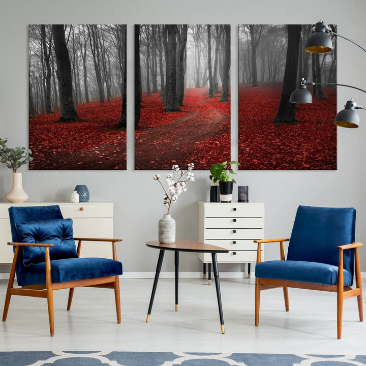 Wonderful Forest artwork: Triptych with red leaves, ideal for nature lovers.