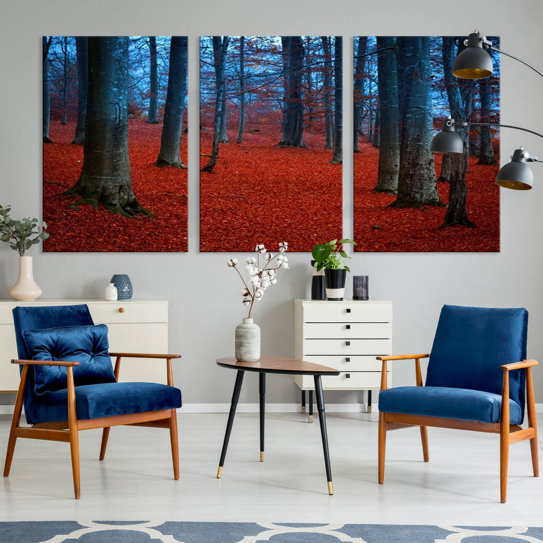 Impression sur toile de paysage d'art mural, feuilles rouges dans la forêt bleue