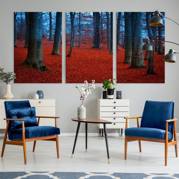 Wall Art Landscape Canvas Print Red Leaves in Blue Forest