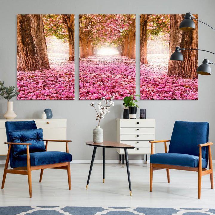 Blossom Cherry Canvas Print Walking on Pink Flowers Between Trees