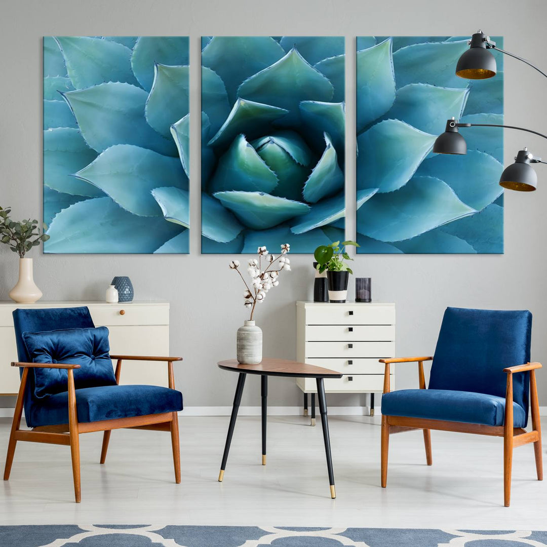 A stunning Large Agave Succulent Canvas Wall Art, a botanical close-up print perfect for modern living rooms, hangs prominently.