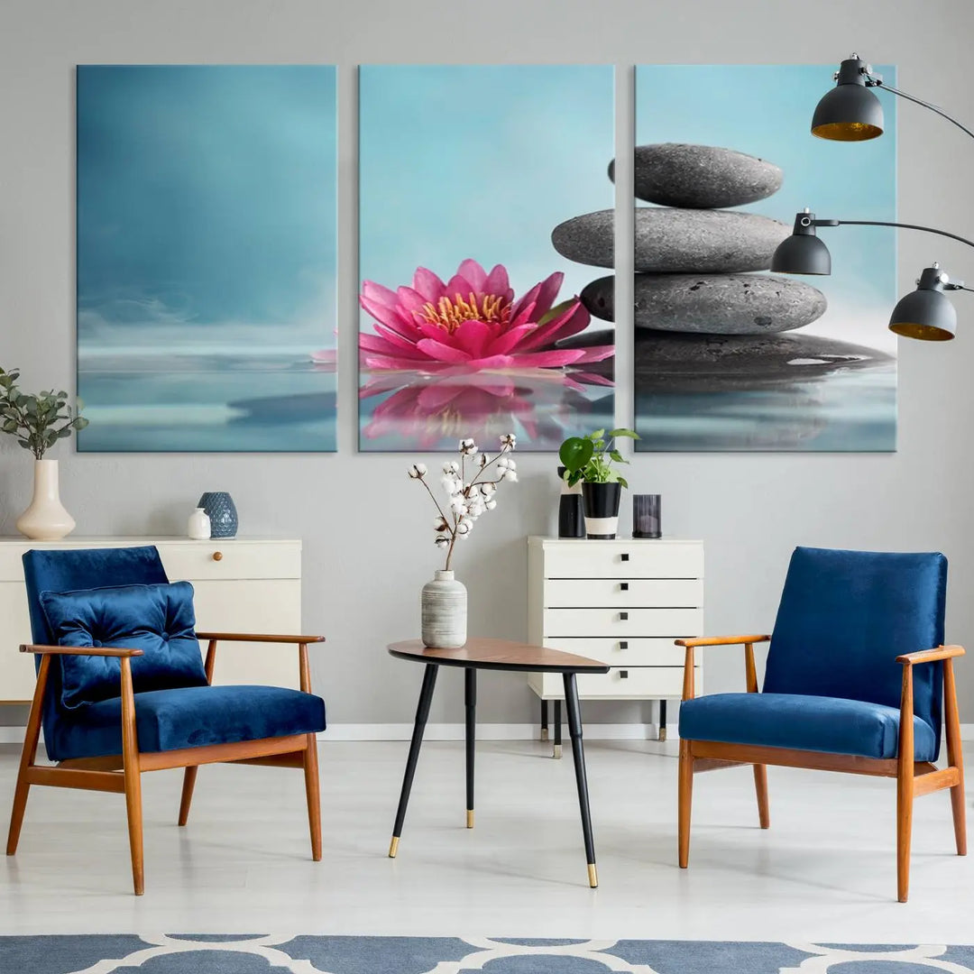 The Zen Serenity Triptych Canvas Art, featuring a lotus flower and balancing stones, perfectly captures tranquility with its serene water lily print.