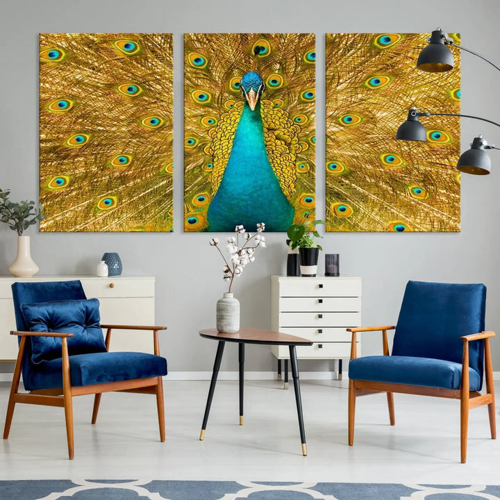 The Peacock Wall Art Canvas Print, featuring a vibrant triptych design of a peacock with intricate feather details and printed on museum-quality canvas with UV-protective coating, brings an artistic flair to the elegant space. Ready to hang, it enhances the modern living room with its striking presence.