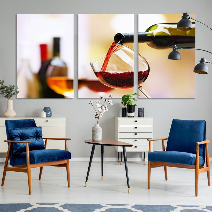 The Filling Red Wine into Glass Red Wine Canvas Print showcases a wine bottle pouring red wine into a glass. This scene, captured on museum-quality canvas, promises timeless elegance and comes with free shipping for effortless delivery to your doorstep.