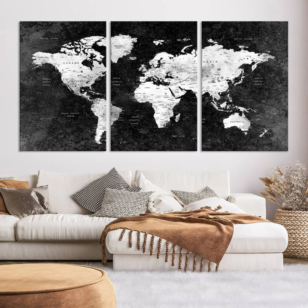 Modern Grayscale World Map 3-Panel Canvas Art | Ready to Hang, Framed | Stylish Minimalist Wall Décor for Home, Office, Living Room, or Study Spaces 