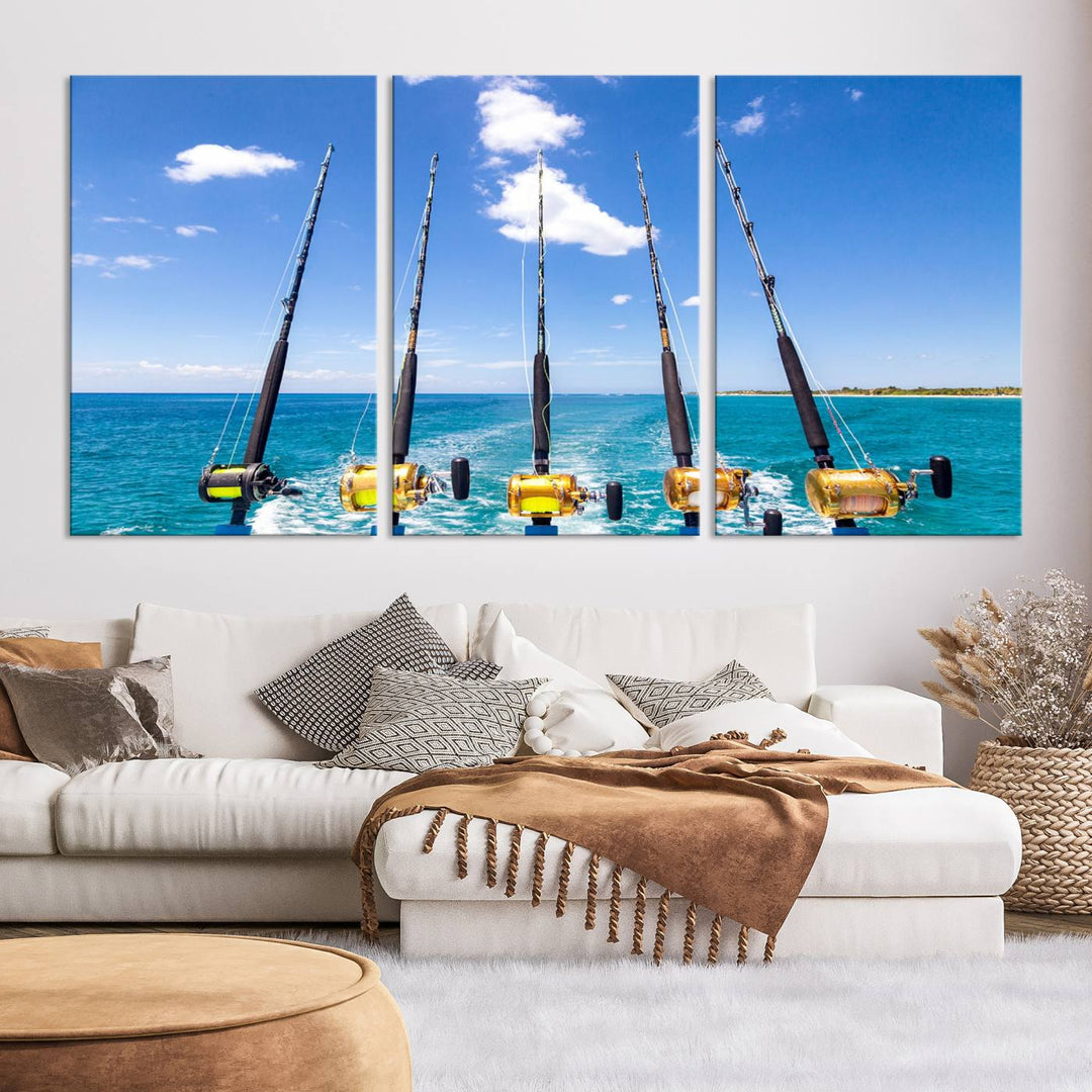 Fishing Roads on Boat Canvas Wall Art Print Ocean Seascape Art Print