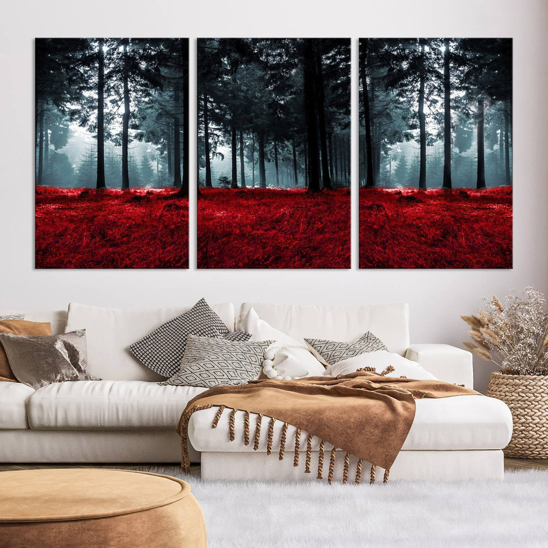 Bosque seductor con hojas rojas Impresión en lienzo Arte de pared grande Arte de lienzo de bosque Arte de paisaje de otoño Impresión de arte enmarcada