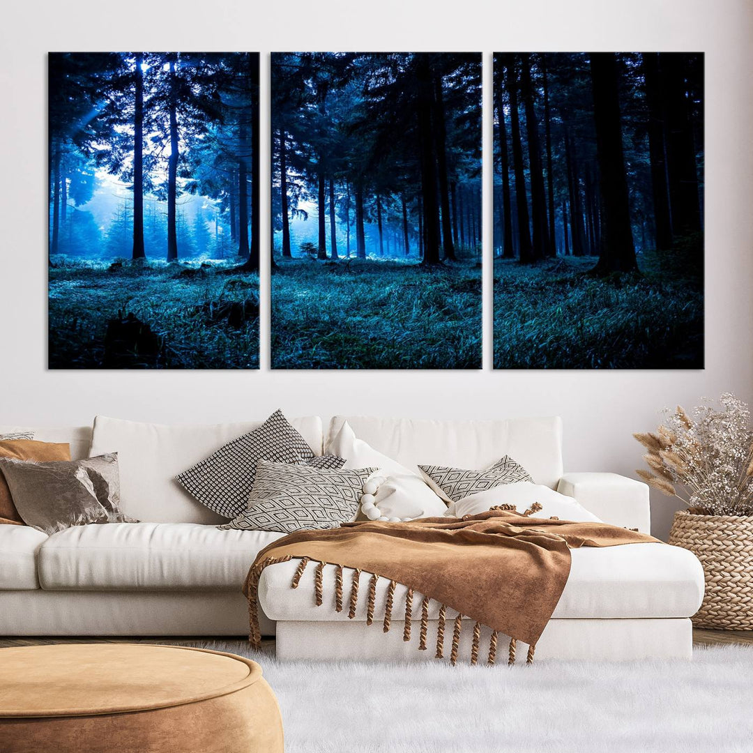 Arte de pared de bosque oscuro místico, lienzo de bosque grande, lienzo de paisaje, arte de pared de múltiples paneles, conjunto de lienzo grande de 3 piezas enmarcado