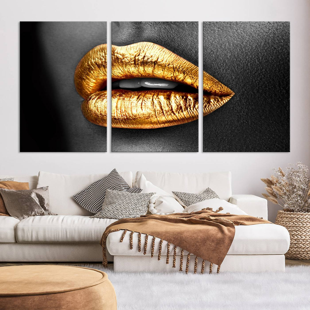 Gold Lips Canvas Wall Art Print Makeup Wall Art Fashion Beauty Canvas Print