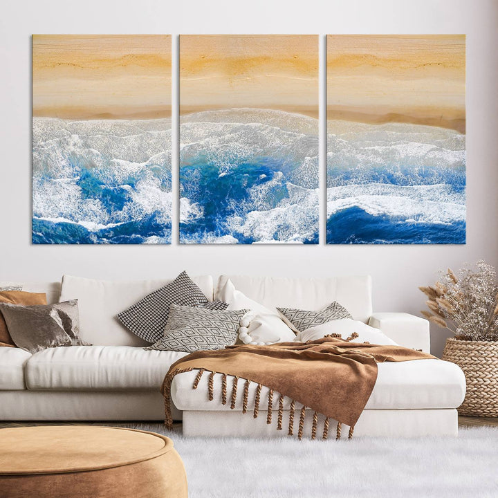 Maravilloso lienzo de playa aérea, impresión artística de pared, paisaje de playa, arte oceánico, pintura abstracta grande, lienzo original enmarcado listo para colgar obras de arte para sala de estar, cocina, dormitorio, decoración del hogar