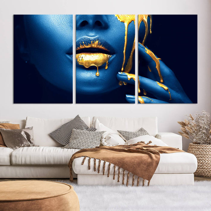 Neón Azul Oro Labios Sensual Fotografía Lienzo Pared Arte Impresión Moda Arte Belleza