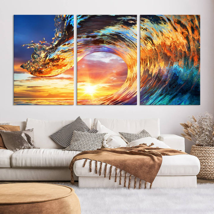 Wave Canvas Wall Art – Multi-Panel Sunset Ocean Scene – Bold and Vibrant Decor for Living Room or Office – Ready to Hang