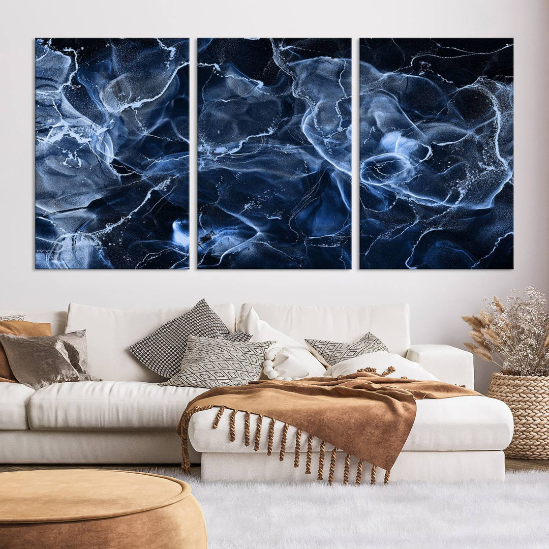 Arte de pared grande con efecto ahumado de mármol azul, lienzo abstracto moderno, impresión artística de pared