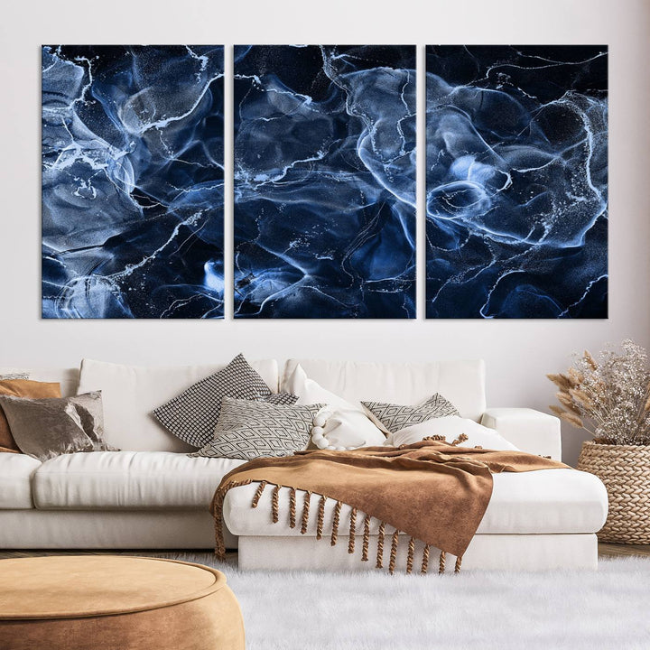 Blue Marble Smokey Effect Wall Art Abstract Canvas Wall Art Print