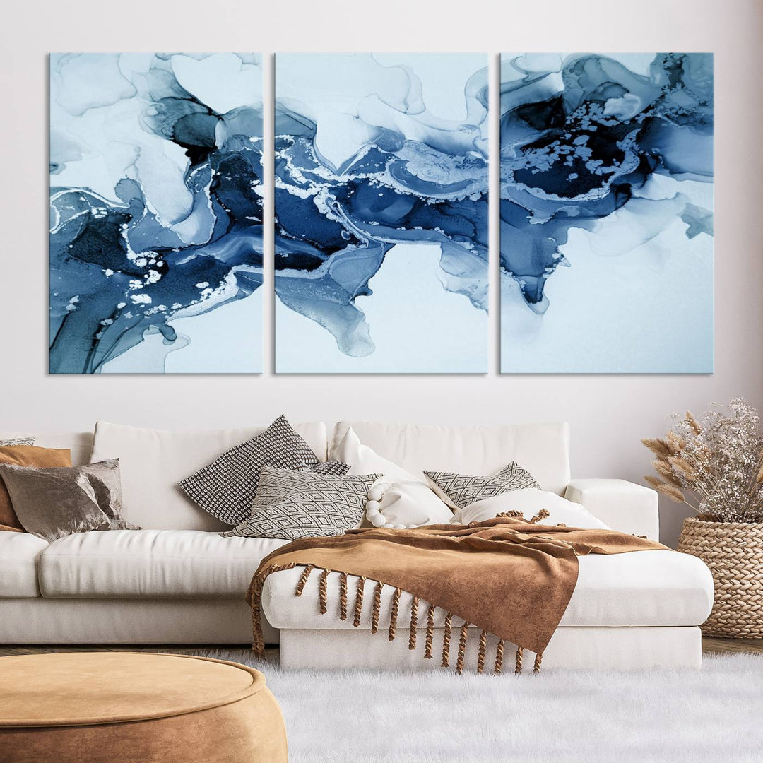 Arte de pared grande con efecto fluido de mármol azul hielo, lienzo abstracto moderno, impresión artística de pared