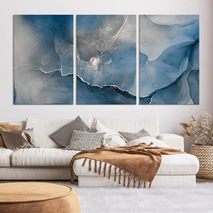 Blue Gray Marble Fluid Effect Wall Art Abstract Canvas Wall Art Print