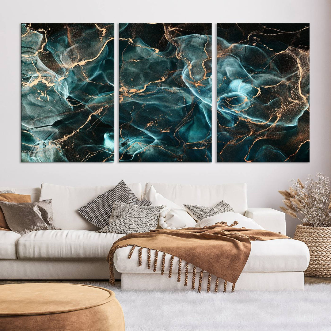 Neon Blue Marble Smokey Effect Wall Art Abstract Canvas Wall Art Print