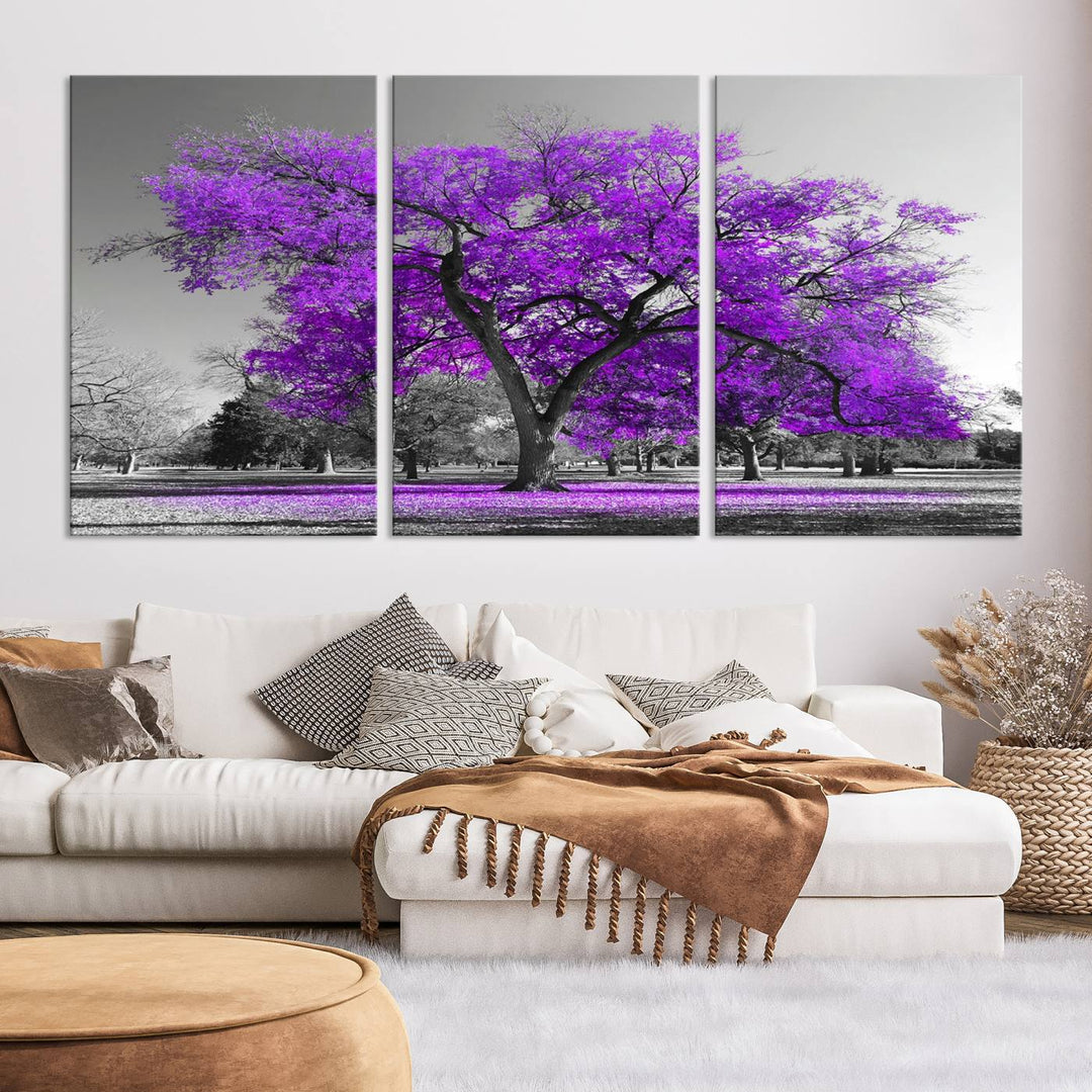 Gran árbol púrpura lienzo pared arte impresión negro blanco púrpura arte pintura lienzo grande