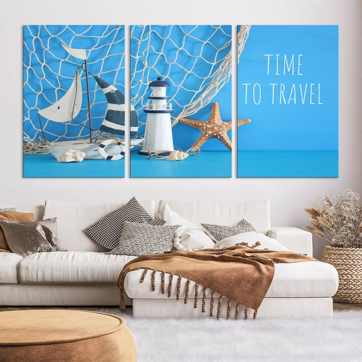 Sailing Boat Starfish and Lighthouse Wall Art Canvas Print