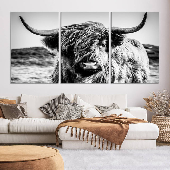 Scottish Cow Black and White Wall Canvas Art Print Farm House