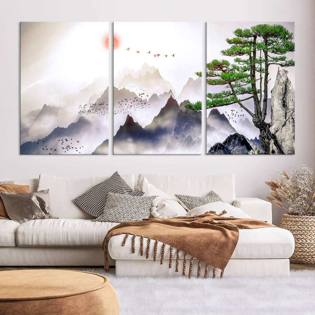 Japanese Tree Mountain Wall Art Canvas Print