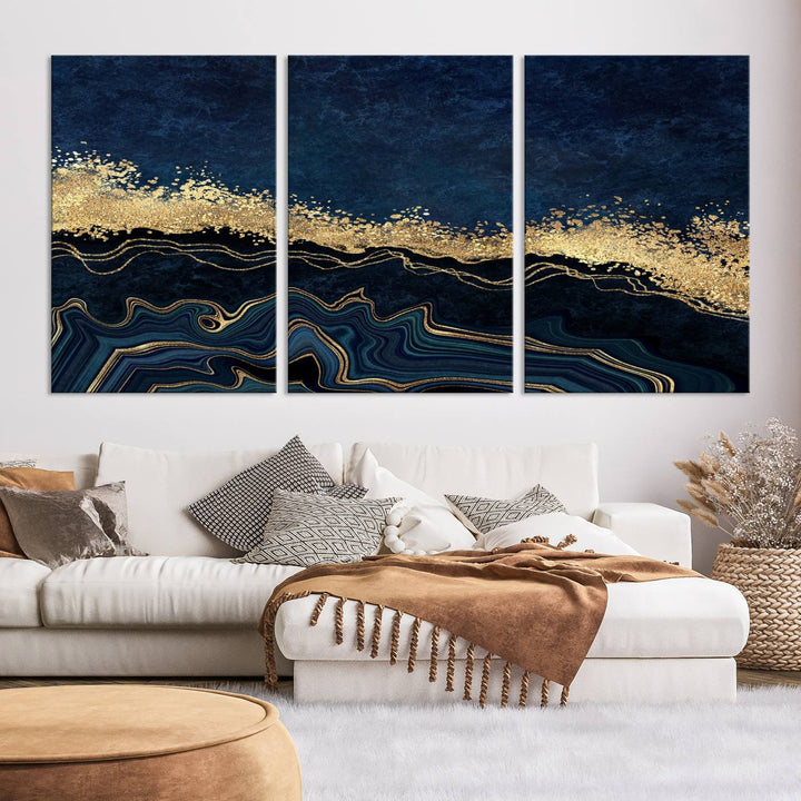 Navy Blue Marble Fluid Effect Large Wall Art Modern Abstract Canvas Wall Art Print