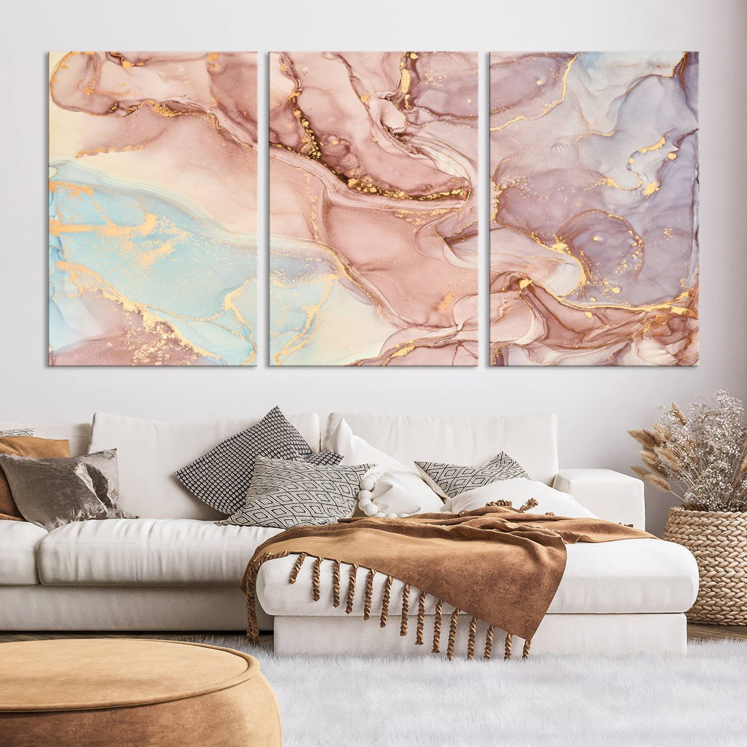 Arte de pared grande con efecto fluido de mármol dorado rosa, lienzo abstracto moderno, impresión artística de pared