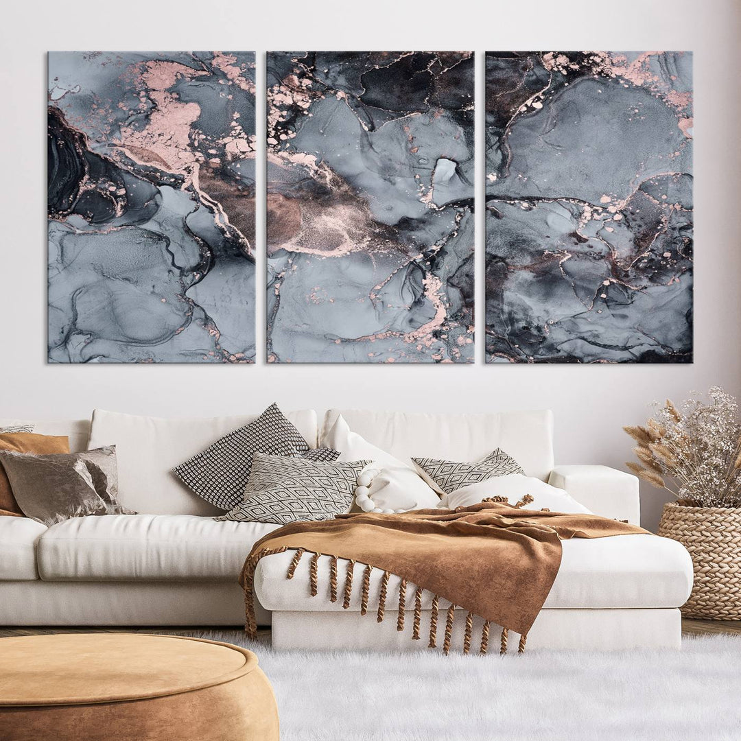 Impresión de arte de pared grande con efecto fluido de mármol gris y oro rosa, lienzo abstracto moderno