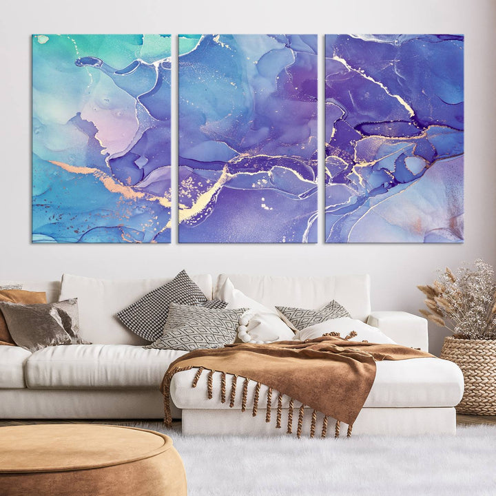 Arte de pared grande con efecto fluido de mármol azul y morado, lienzo abstracto moderno, impresión artística de pared