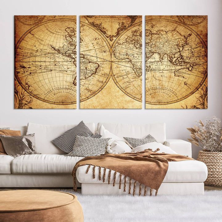 Vintage World Map Wall Art | 3-Panel Canvas Print for Living Room, Office, or Study | Giclee Canvas with Antique Design