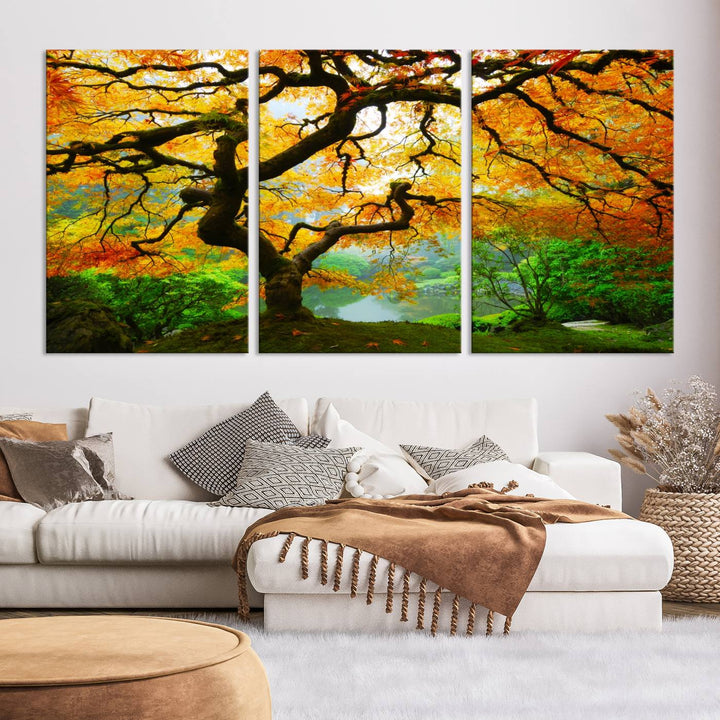 Portland Japanese Maple Tree Canvas Wall Art – Nature Landscape Print – Framed and Ready to Hang for Living Room or Office Decor