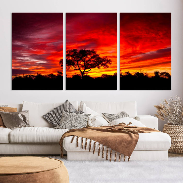 Red Sunset Landscape Artwork Printing, Forest Tree Wall Art Canvas Print