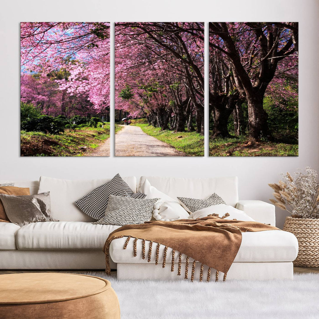 Impression sur toile d'art mural de forêt d'arbre de route de cerisier en fleurs