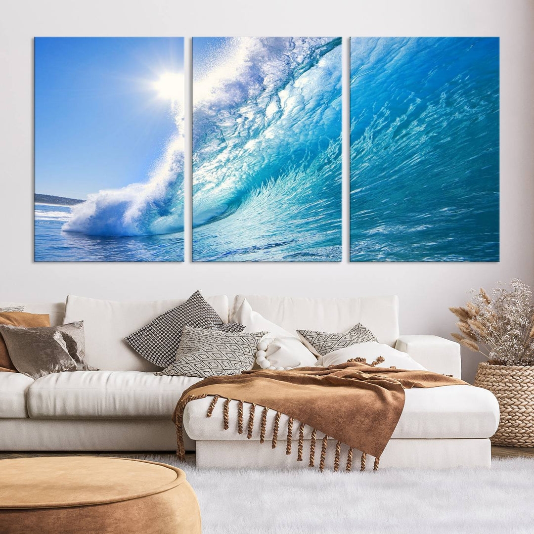 Blue Big Wave Surf Ocean Canvas Wall Art Artwork Print, Art mural de plage, Art de mur de mer