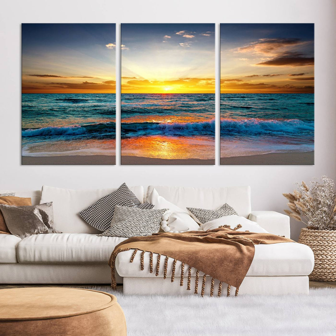 Vibrant Ocean Sunrise Over Golden Beach Waves, Giclee Canvas Wall Art Set, High-Quality Stretched Canvas Print, Ready to Hang Coastal Sunset Wall