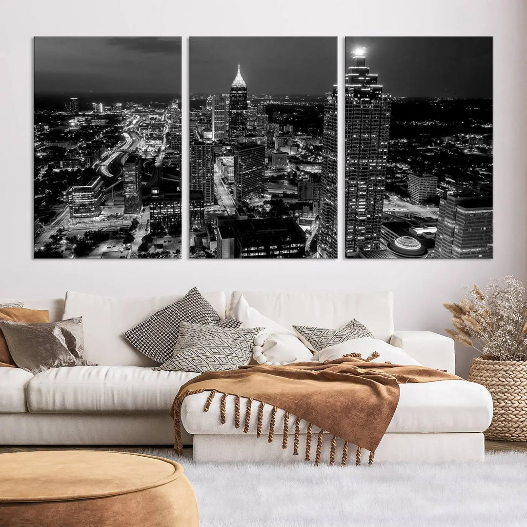 The Atlanta City Lights Skyline Black and White Wall Art Cityscape Canvas Print is elegantly displayed on the wall. These museum-quality canvases arrive ready to hang, making your art display both effortless and sophisticated.