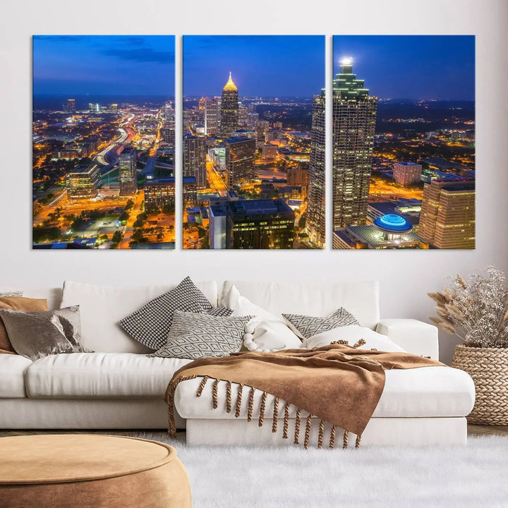 An elegant Atlanta City Blue Skyline Cityscape View Wall Art Canvas Print graces the wall, offering a sophisticated addition to your living space. Enjoy free shipping on this stylish piece.