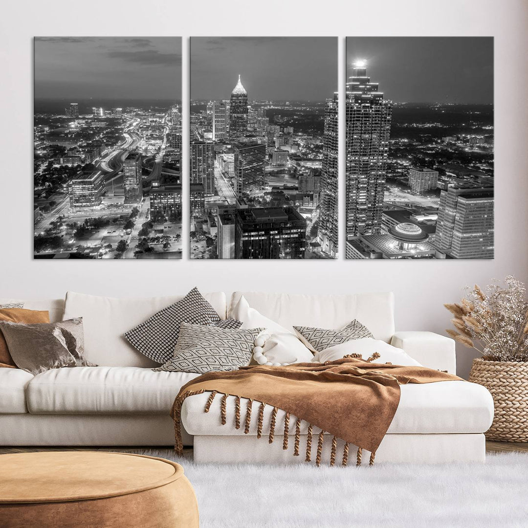 Atlanta City Skyline Art mural noir et blanc Paysage urbain Impression sur toile