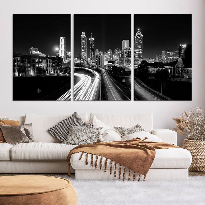 Atlanta City Lights Skyline Art mural noir et blanc Paysage urbain Impression sur toile