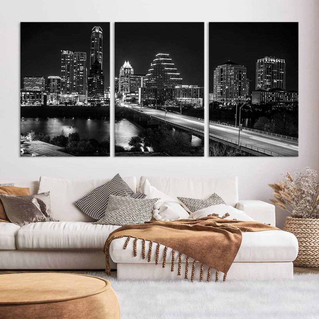 Austin City Lights Skyline Black and White Wall Art Canvas Print