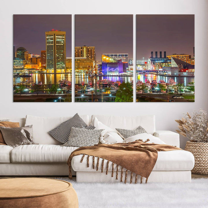 The Baltimore City Lights Night Skyline Cityscape View Wall Art Canvas Print is elegantly displayed on museum-quality canvas.