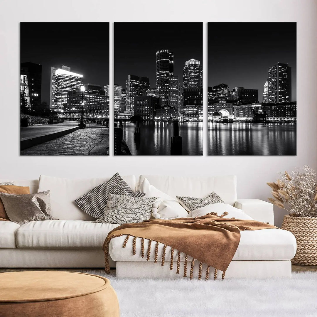 The living room showcases the Boston City Lights Skyline Black and White Wall Art Canvas Print.