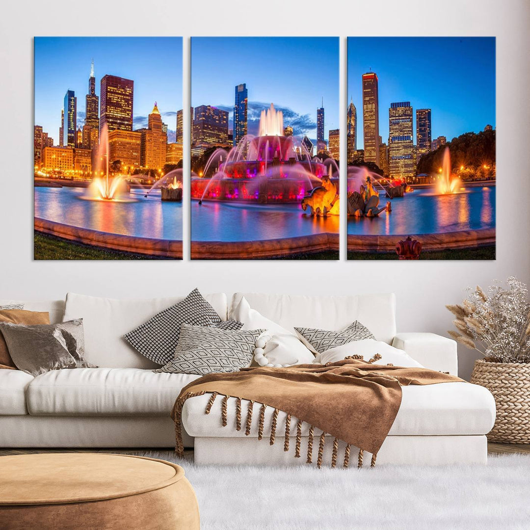 Chicago City Colorful Lights Night Skyline Cityscape View Wall Art Canvas Print