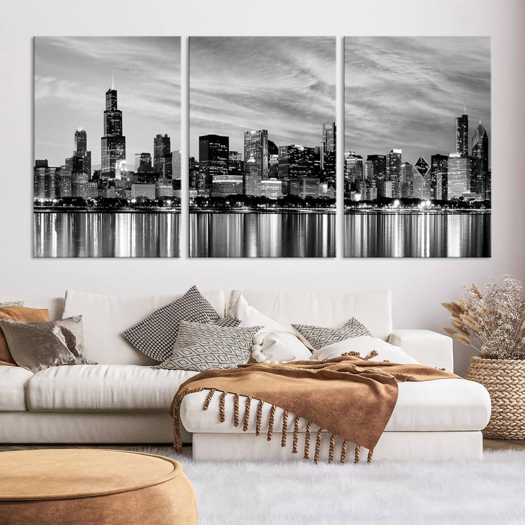 Chicago City Cloudy Skyline Black and White Wall Art Cityscape Canvas Print