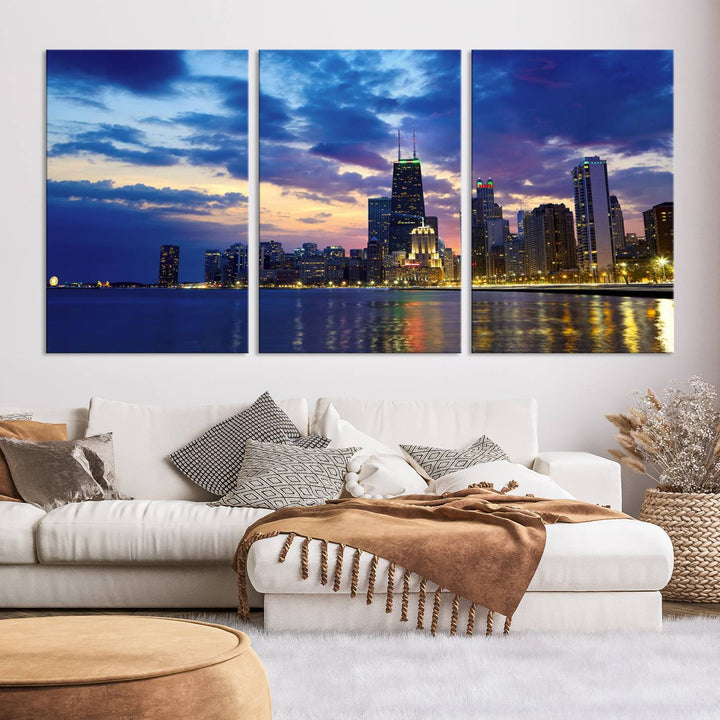 Chicago City Lights Night Cloudy Blue Skyline Cityscape View Wall Art Canvas Print