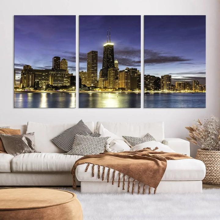 Chicago Night Skyline Cityscape Canvas Picture Print is a stunning three-panel wall art piece, perfect for adding sophistication to any setting. Crafted by professional artisans, this artwork features museum-quality canvases designed to enhance your space. Enjoy free shipping with your purchase.