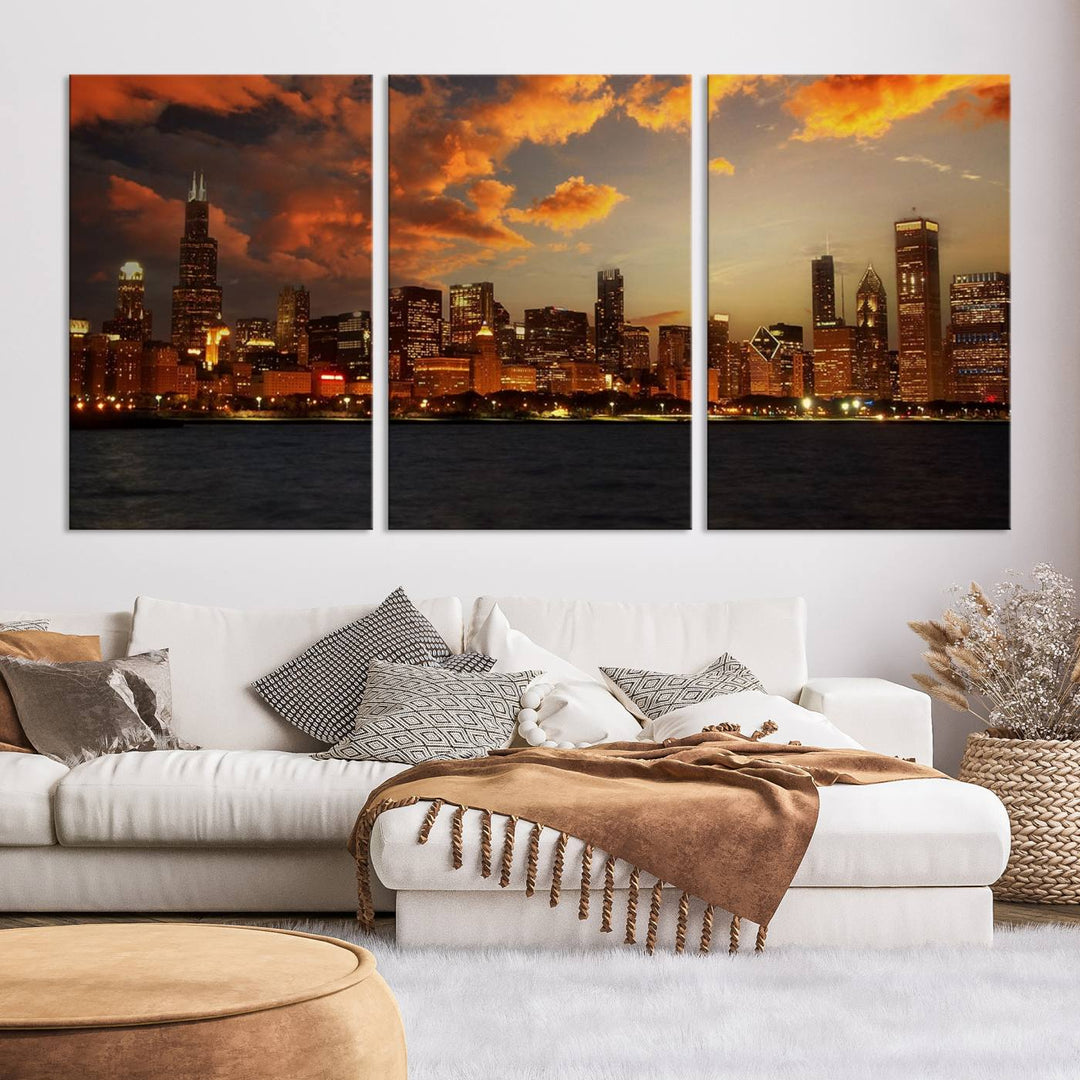 Chicago City Lights Coucher de soleil Orange Nuageux Skyline Paysage urbain Vue Art mural Impression sur toile